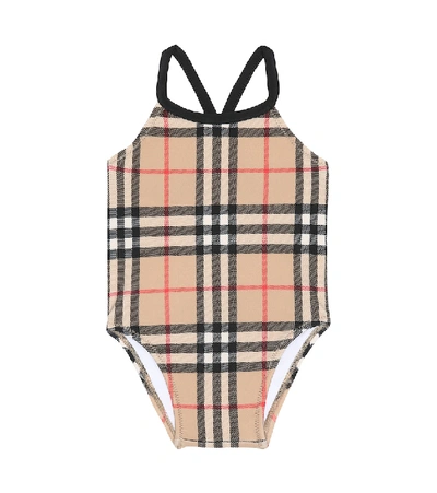 Shop Burberry Baby Crina Vintage Check Swimsuit In Beige