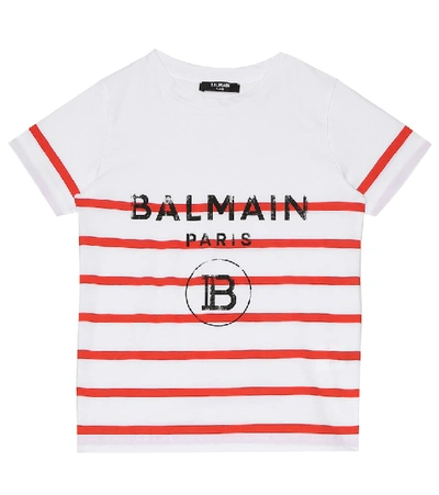 Shop Balmain Logo Striped Cotton T-shirt In White