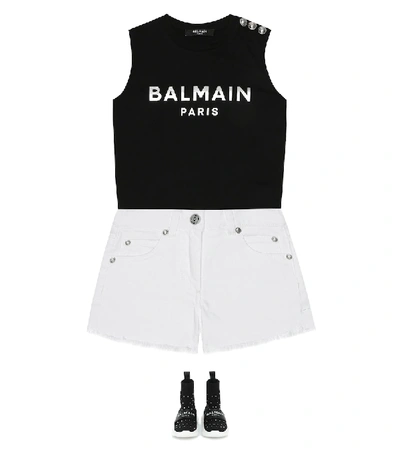 Shop Balmain Stretch-cotton Denim Shorts In White