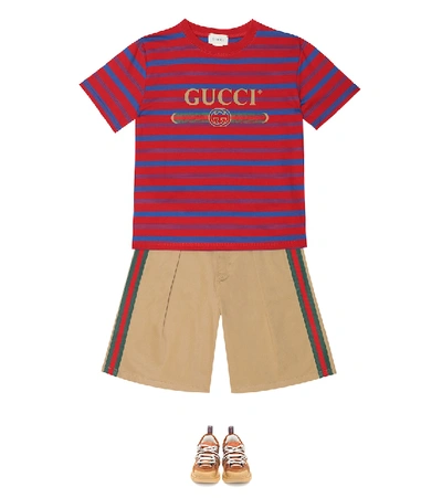 Shop Gucci Logo Striped Cotton T-shirt In Red