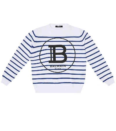 Shop Balmain Logo Striped Cotton Sweater In White
