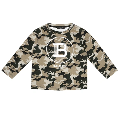 Shop Balmain Logo Camouflage Cotton Sweatshirt In Beige