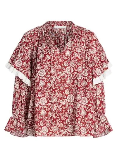 Shop See By Chloé Floral Ruffle Shoulder Blouse In Red White