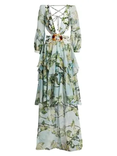 Shop Patbo Floral Long-sleeve Beach Gown In Sky