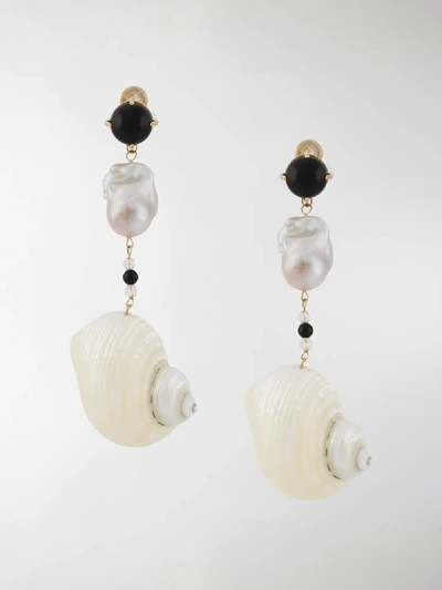 Prada Gold-tone Shell, Pearl And Onyx Clip Earrings In Weiss | ModeSens