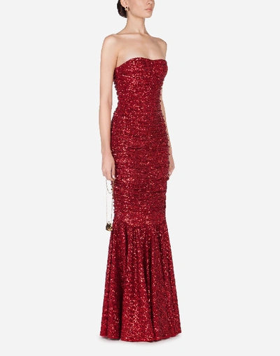 Shop Dolce & Gabbana Long Dress Draped In Sequins In Red