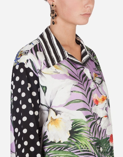 Shop Dolce & Gabbana Oversized Shirt In Crêpe De Chine With Orchid Print In Multicolored
