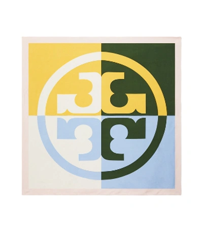 Shop Tory Burch Color-block Silk Square Scarf In Court Green/new Ivory/royal Navy