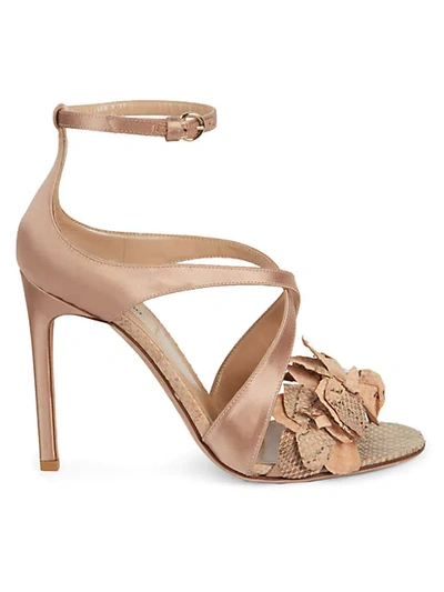 Shop Valentino Flower Satin & Snakeskin-embossed Leather Ankle-strap Sandals In Poudre