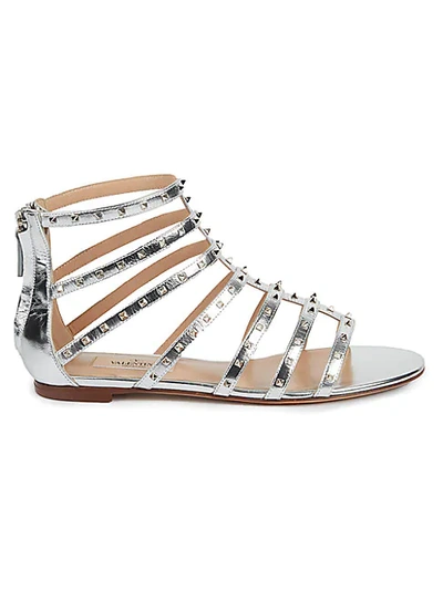 Shop Valentino Rockstud Metallic-leather Gladiator Sandals In Silver