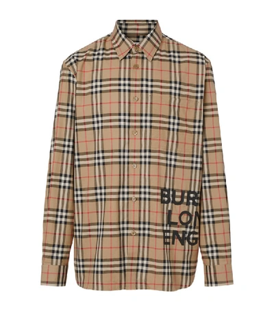 Burberry Logo Print Check Cotton Oversized Shirt In Camel | ModeSens