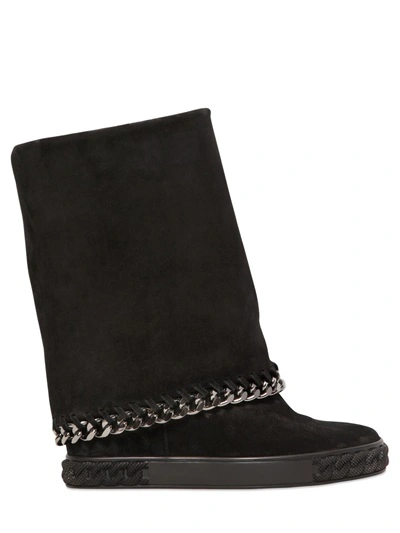 Shop Casadei 90mm Suede Wedged Boots With Chain Trim, Black