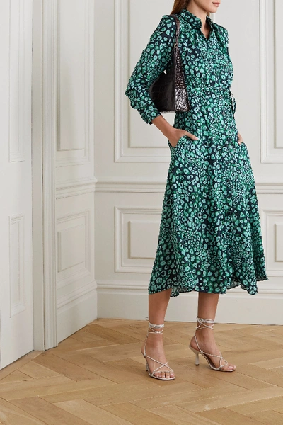 Shop Cefinn Astrid Leopard-print Satin-jacquard Shirt Dress In Green