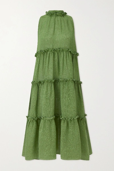 Shop Lisa Marie Fernandez Erica Ruffled Tiered Organic Linen-blend Gauze Dress In Green