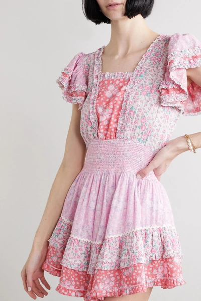 Shop Loveshackfancy Stanton Patchwork Floral-print Swiss-dot Cotton Mini Dress In Baby Pink