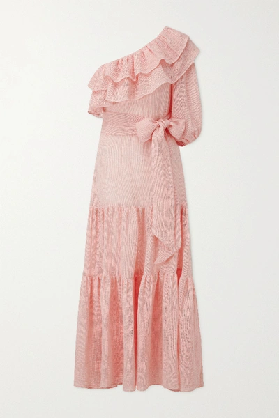 Shop Lisa Marie Fernandez Arden One-sleeve Linen-blend Gauze Maxi Dress In Baby Pink