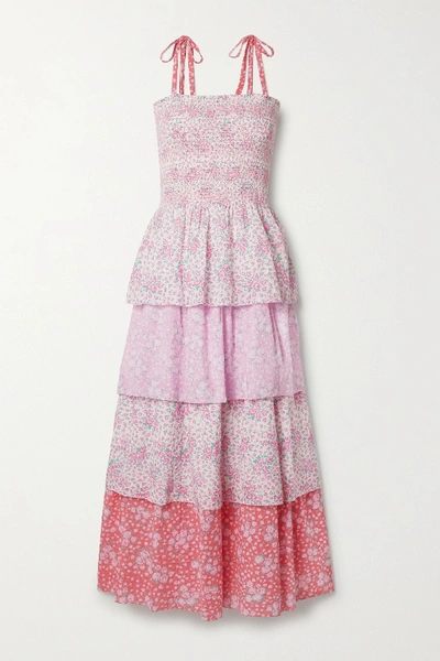 Shop Loveshackfancy Caressa Shirred Tiered Floral-print Swiss-dot Cotton Maxi Dress In Baby Pink