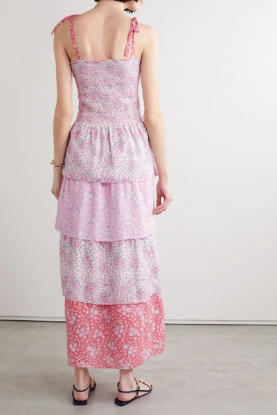 Shop Loveshackfancy Caressa Shirred Tiered Floral-print Swiss-dot Cotton Maxi Dress In Baby Pink