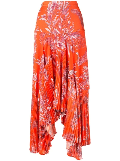 Shop Alexis Tarou Floral Asymmetric Pleated Skirt In Orange