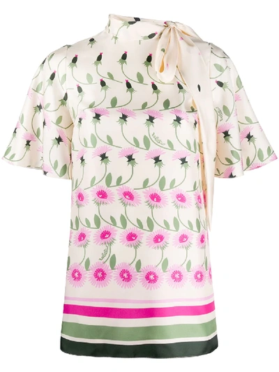 Shop Valentino Tie-neck Floral Blouse In White