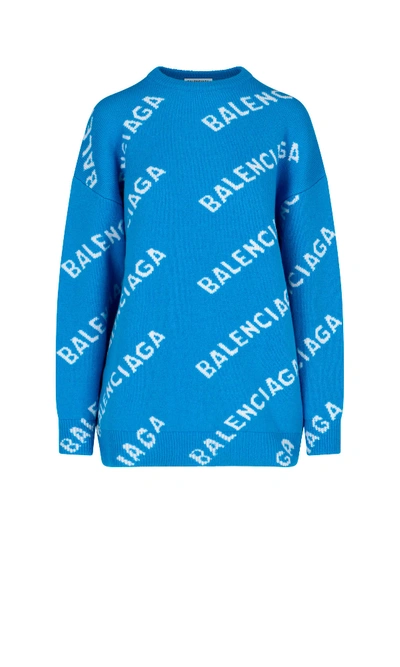 Shop Balenciaga Crew-neck Jacquard Logo Sweater In Blue