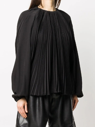 Shop Saint Laurent Silk Balloon Sleeve Pleated Blouse In Black