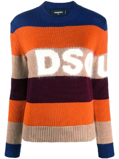 Shop Dsquared2 Striped Wool Blend Logo Jumper In Orange
