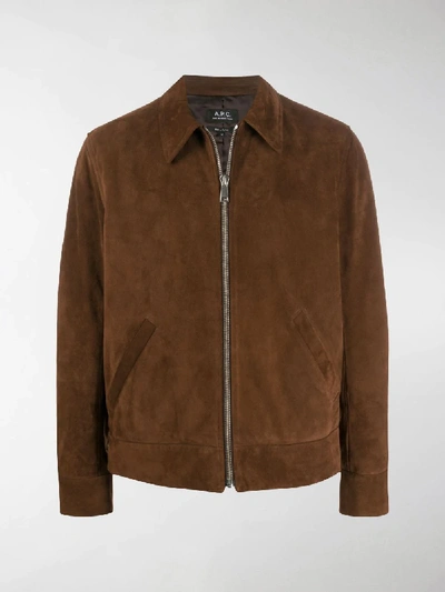 Shop Apc Pointed Collar Suede Jacket In Brown