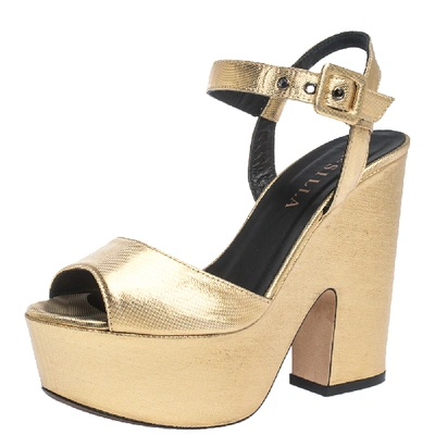 Pre-owned Le Silla Gold Lame Fabric Open Toe Ankle Strap Platform Block Heel Wedge Sandals Size 36