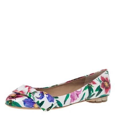 Pre-owned Ferragamo White Floral Print Patent Leather Avola Bow Ballet Flats Size 39.5