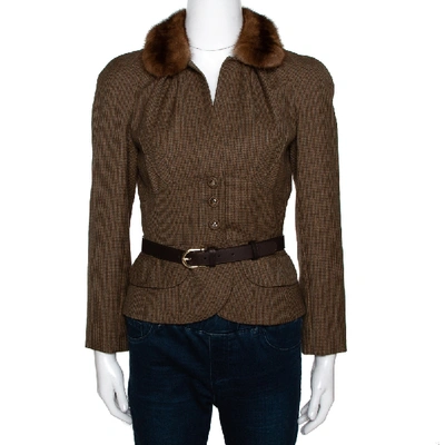 Pre-owned Dior Brown Houndstooth Wool Fur Trim Belted Jacket S