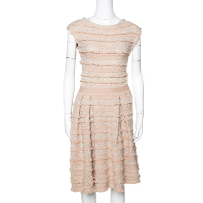 Pre-owned Dior Peach Wool & Cashmere Blend Boucle Tweed Flared Dress S In Beige