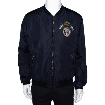 Pre-owned Dolce & Gabbana Navy Blue Synthetic & Leather Trim Detail Bomber Jacket Xxl
