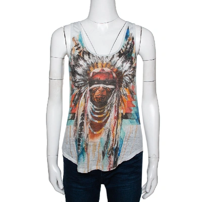 Pre-owned Balmain Pale Grey Linen Jersey Red Indian Print Sleeveless Tank Top S