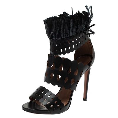 Pre-owned Alaïa Black Leather And Straw Cut Out Fringes Sandals Size 38