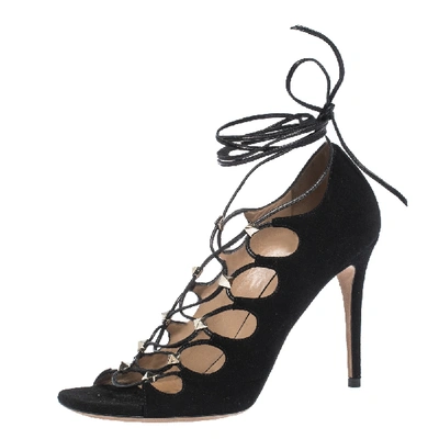 Pre-owned Valentino Garavani Black Suede Rockstud Open Toe Lace Up Ankle Wrap Sandals Size 37