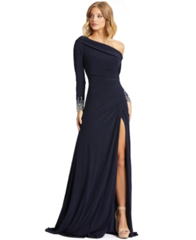 Shop Mac Duggal One-shoulder Long-sleeve Gown In Midnight Blue