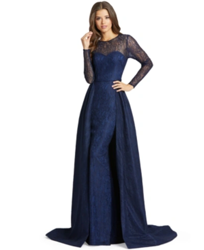 Shop Mac Duggal Long-sleeve Lace Gown In Navy Blue