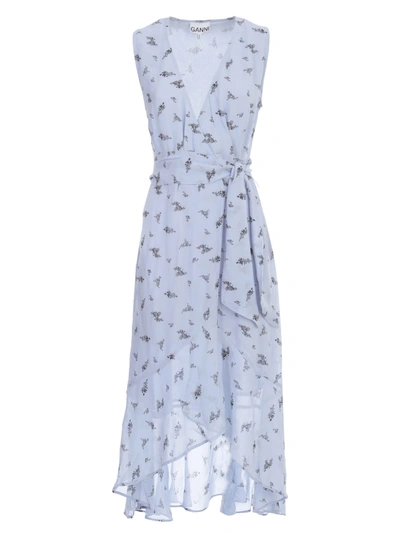 Shop Ganni Printed Georgette Dress W/s V Neck W/belt In Blu