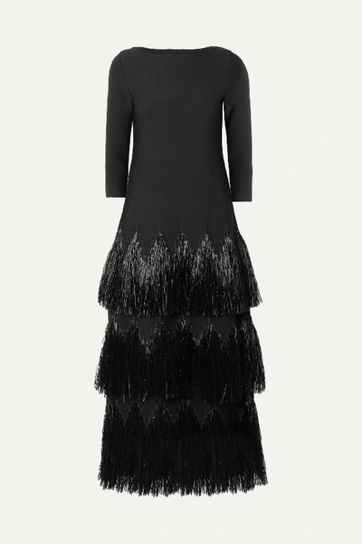 Shop Alaïa Tiered Raffia-trimmed Stretch-knit Midi Dress In Black