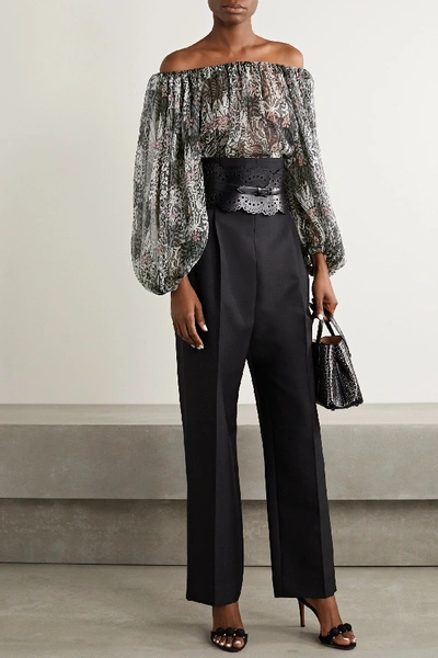 Shop Alaïa Off-the-shoulder Floral-print Silk-crepon Blouse In Dark Gray