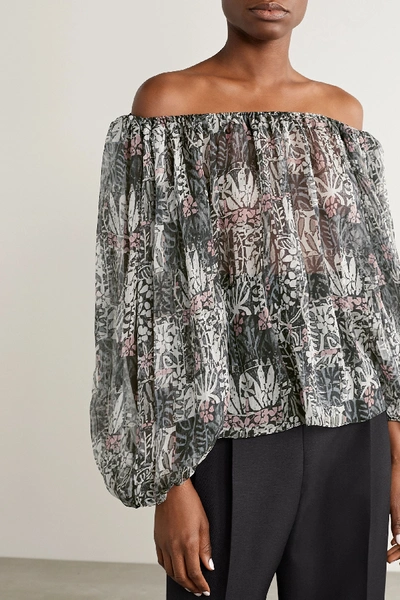 Shop Alaïa Off-the-shoulder Floral-print Silk-crepon Blouse In Dark Gray