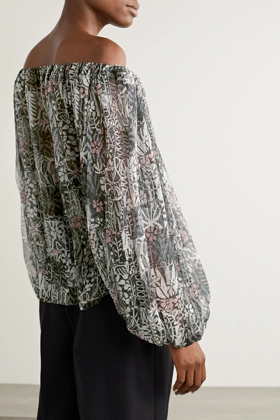 Shop Alaïa Off-the-shoulder Floral-print Silk-crepon Blouse In Dark Gray