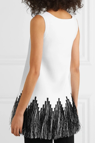 Shop Alaïa Fringed Raffia-trimmed Jacquard-knit Top In White