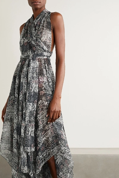 Shop Alaïa Asymmetric Floral-print Silk-crepon Halterneck Dress In Dark Gray