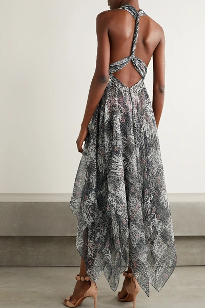 Shop Alaïa Asymmetric Floral-print Silk-crepon Halterneck Dress In Dark Gray