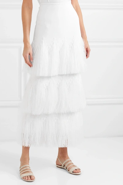 Shop Alaïa Tiered Raffia-trimmed Stretch-knit Midi Skirt In White