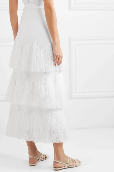 Shop Alaïa Tiered Raffia-trimmed Stretch-knit Midi Skirt In White