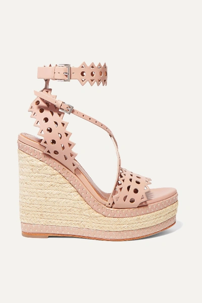 Shop Alaïa 140 Laser-cut Leather Wedge Espadrilles In Neutral