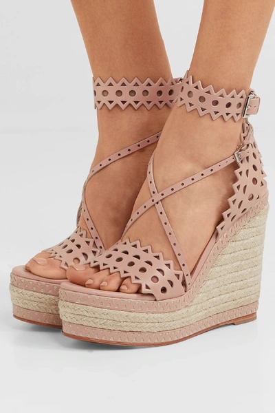 Shop Alaïa 140 Laser-cut Leather Wedge Espadrilles In Neutral